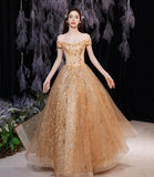 Gold tulle sequins long A line prom dress evening dress HZ1023
