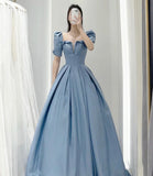 Blue Satin Elegant Short Sleeve Long A-Line Ball Gown Evening Dress HZ1023