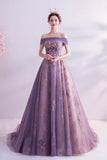 Purple tulle sequins long A line prom dress evening dress HZ1023