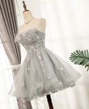 Gray tulle sequins short prom dress HZ1023
