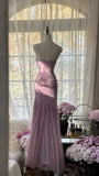 Pink Purple Gorgeous Shiny Elegant Exquisite Beaded Mermaid Slim Fit Long Chiffon Spaghetti Straps Tulle Sequins Formal Prom Dress Evening Dress Party Dress HZ1023