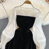 Cute V-Neck Bow Long Sleeve Dress Black Fashion Dress HZ1023