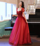 Burgundy tulle beads long prom dress evening gown HZ1023