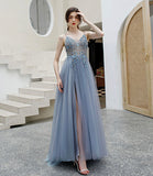 Gray tulle beads long prom dress A line evening dress HZ1023