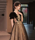 Black tulle sequins long prom dress A line evening dress HZ1023