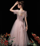 Pink tulle beads short prom dress A line homecoming dress HZ1023