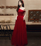 Burgundy tulle beads long prom dress one shoulder evening dress HZ1023