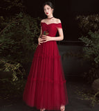 Burgundy tulle off shoulder prom dress evening dress HZ1023
