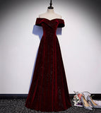 Burgundy Shiny Elegant Velvet Long A-Line Ball Gown Evening Dress HZ1023