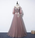 Cute v neck tulle long A line prom dress evening dress HZ1023