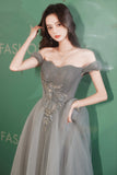 Gray tulle beads long prom dress gray evening dress HZ1023