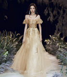 Gold tulle sequins long prom dress A line evening dress HZ1023