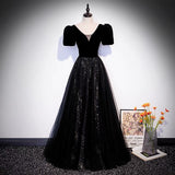 Black velvet tulle long prom dress A line evening gown HZ1023