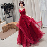 Burgundy v neck tulle long prom dress, formal dress HZ1023