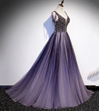 Purple v neck tulle beads long prom dress evening dress HZ1023