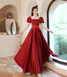 Red satin long A line prom dress red evening dress HZ1023
