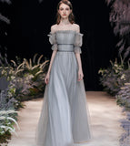 Grey tulle long prom dress grey evening dress HZ1023