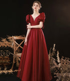 Burgundy v neck long prom dress A line evening gown HZ1023
