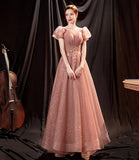Pink tulle sequins long prom dress pink evening dress HZ1023