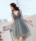 Gray tulle beads short prom dress fashion dress HZ1023