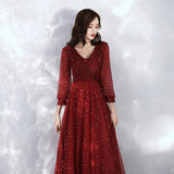 Burgundy lace long sleeve prom dress evening dress HZ1023