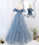 Blue tulle long prom dress blue evening dress HZ1023