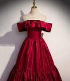 Red satin off shoulder elegant simple long ball gown A-line evening dress HZ1023