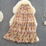 Small fresh high waist thin medium long floral skirt HZ1023