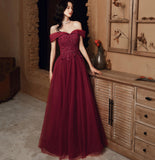 Burgundy lace beads long prom dress evening dress HZ1023