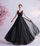 Black v neck tulle beads prom dress evening dress HZ1023
