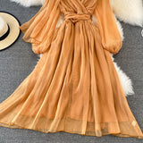 Cute V Neck Soft Chiffon Dress Fashion Girl Dress And Scarf HZ1023