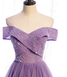 Purple tulle beads long A line prom dress evening dress HZ1023