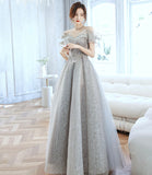 Gray tulle beads long prom dress gray evening gown HZ1023