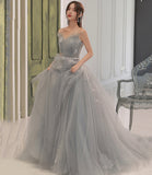 Gray tulle lace long prom dress A line evening gown HZ1023