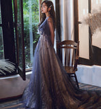 Blue v neck tulle lace long prom dress evening dress HZ1023