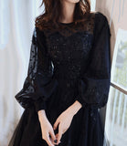 Black lace long prom dress A line evening gown HZ1023