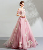 Pink tulle lace long prom dress evening dress HZ1023