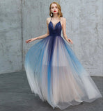 Blue v neck tulle long prom dress blue evening dress HZ1023