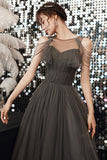 Gray tulle long A line prom dress evening dress HZ1023