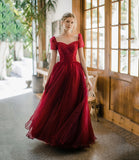 Burgundy Sparkling Beaded A-line Long Tulle Elegant Ball Gown Evening Dress HZ1023