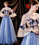 Blue tulle applique long prom dress blue evening dress HZ1023