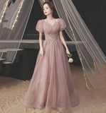 Pink tulle sequins long prom dress A line evening gown HZ1023