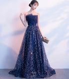 Blue tulle sequins long prom dress A line evening gown HZ1023