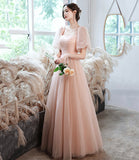 Pink tulle long A line prom dress pink evening gown HZ1023