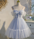 Blue tulle lace short prom dress homecoming dress HZ1023
