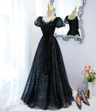Black tulle sequins long prom dress black evening dress HZ1023