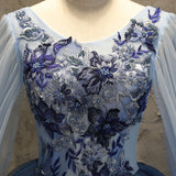 Blue tulle lace long ball gown dress blue evening gown HZ1023