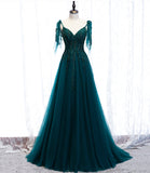 Green gorgeous exquisite beaded lace A-line long tulle ball gown evening dress HZ1023