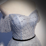 Lovely A line tulle pearl long prom dress evening dress HZ1023