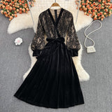 Black V Neck Lace A Line Dress Fashion Dress HZ1023